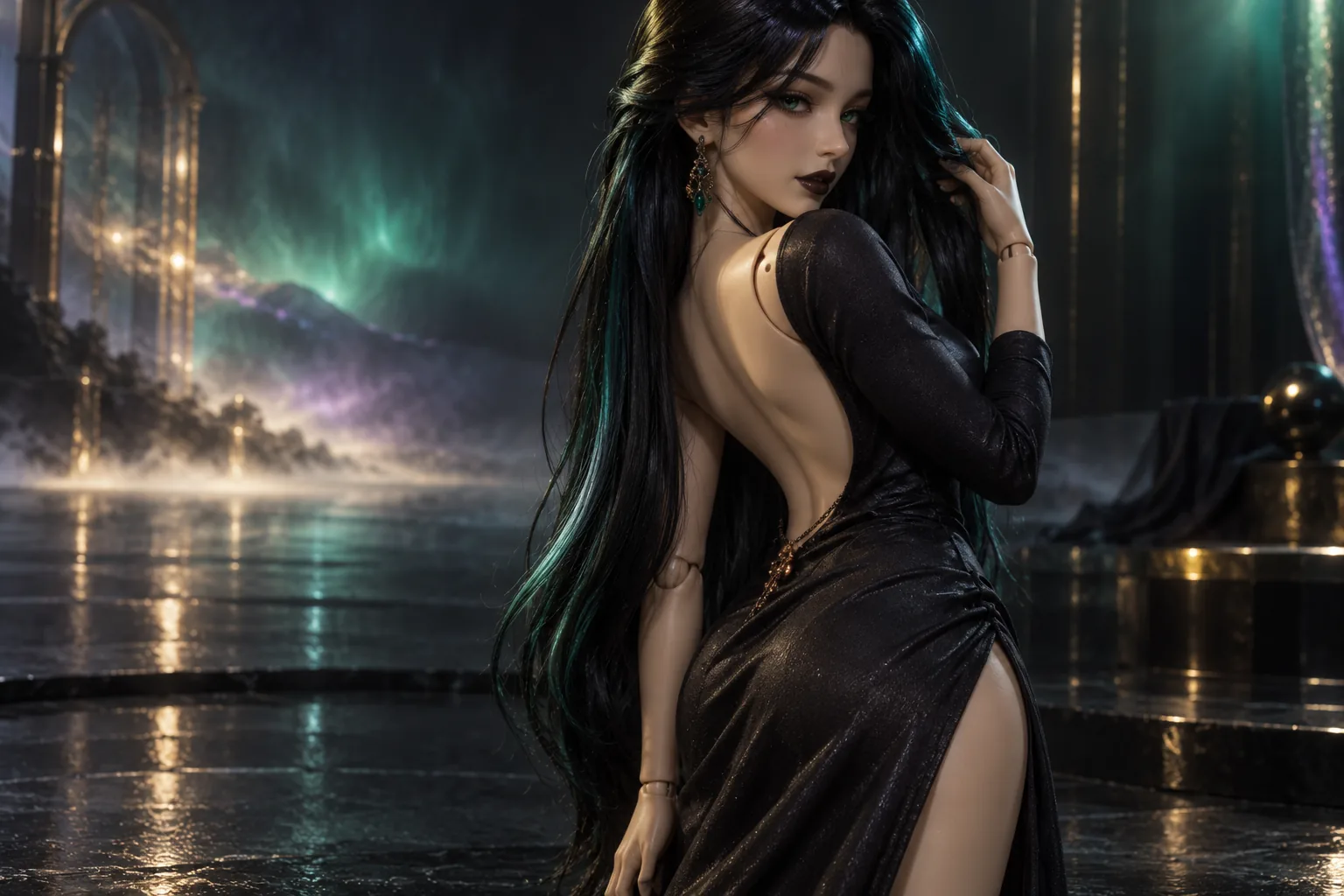 Anime sex doll in silicone with very long straight black hair with teal-green highlights that catch the neon